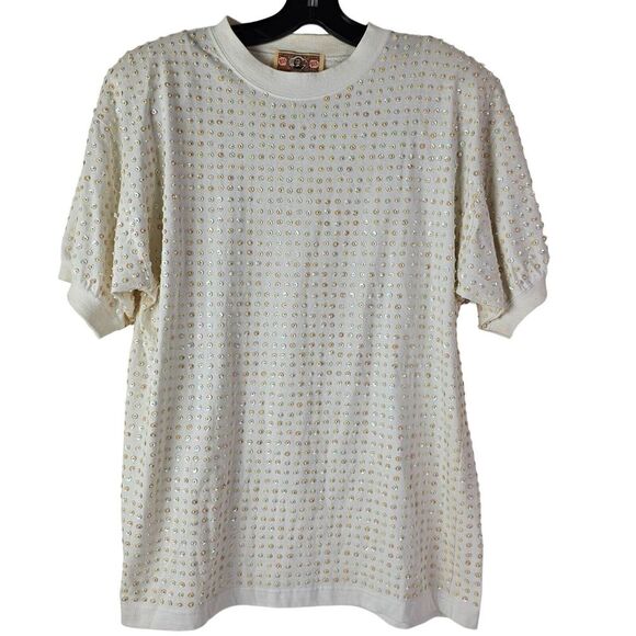 Vintage 1980s Gene Ewing Bis Bis Top Sequin Short Sleeve Ivory‎ M - Picture 1 of 9